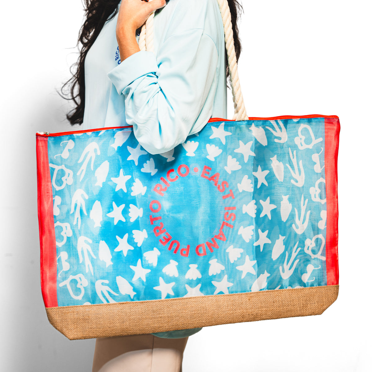 Mesh Beach Tote Bag - Aqua Blue / Coral