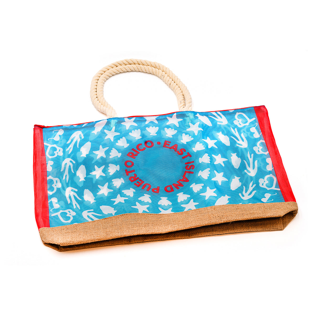 Mesh Beach Tote Bag - Aqua Blue / Coral