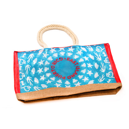 Mesh Beach Tote Bag - Aqua Blue / Coral