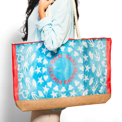 Mesh Beach Tote Bag - Aqua Blue / Coral